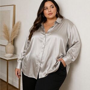 Ulla Popken 100% Silk Blouse Silver Satin Button Down | Plus Size 24/26